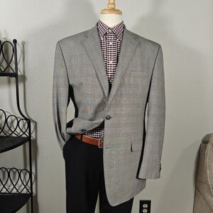 Sean John Men's Sport Coat‎ Blazer Two Button Gray Plaid Polyester Blend 46L